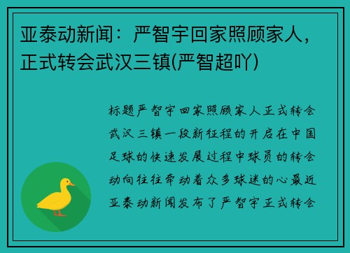 亚泰动新闻：严智宇回家照顾家人，正式转会武汉三镇(严智超吖)