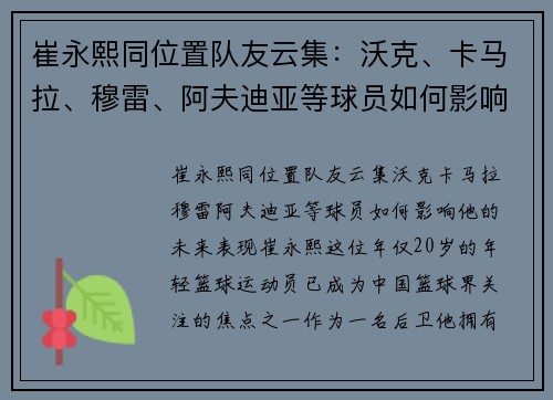 崔永熙同位置队友云集：沃克、卡马拉、穆雷、阿夫迪亚等球员如何影响他的未来表现
