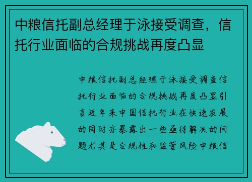 中粮信托副总经理于泳接受调查，信托行业面临的合规挑战再度凸显