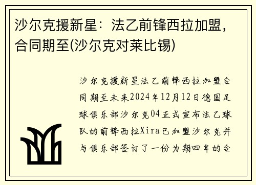 沙尔克援新星：法乙前锋西拉加盟，合同期至(沙尔克对莱比锡)