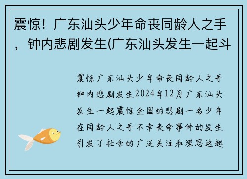 震惊！广东汕头少年命丧同龄人之手，钟内悲剧发生(广东汕头发生一起斗殴)